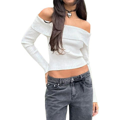 European And American Fashion Short Knitwear Long Sleeve Off-the-shoulder Off-the-neck Pullover Sweater