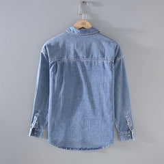 Japanese-style Retro Rewash Double Bag Men's Long Sleeve Light Color Denim Shirt