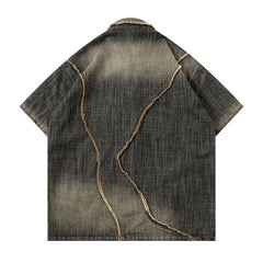 Worn Looking Washed-out Gradient Design Sense Denim Short Sleeve Shirt Men