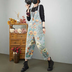 Spring Vintage Loose Denim Suspender Pants
