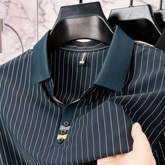 Striped Fashion Business Casual T-shirt Ice Silk Polo Shirt Middle-aged