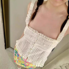 All-match Embroidered Ruffled Camisole Straight Collar Vest
