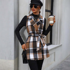 Casual Sleeveless Waist-controlled Lace-up Vest Plaid Coat