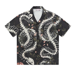 Original Designer Snake Bone Theme Pattern Printed Short Sleeve Cuban Collar Shirt