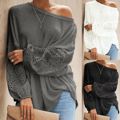 European And American Loose Diagonal Collar Hollow-out Long Sleeve Off-shoulder Top