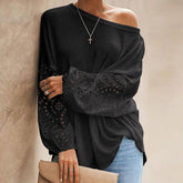 European And American Loose Diagonal Collar Hollow-out Long Sleeve Off-shoulder Top
