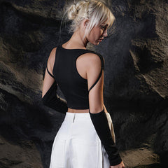 Fashion Women's Wear Long Sleeve Round Neck Hollow-out Navel T-shirt