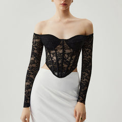 Translucent Off-shoulder Tube Top Lace Waist Long Sleeve Fishbone Corset