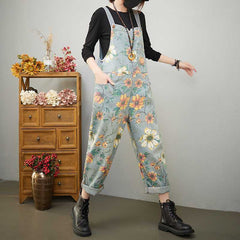 Spring Vintage Loose Denim Suspender Pants