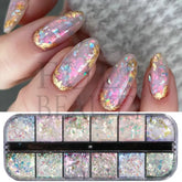 12 Grids Iridescent Nail Aurora Glitter Crystal Fire Flakes Holographic Sparkle Sequins Charms Gel Polish Manicure Flash