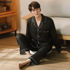 High Quality Men's Casual Pajama Sets Fashion Satin Long Sleeve Lapel Tops and Pants Homewaer Suit Men Comfort Lounge Sleepwear