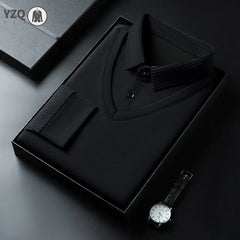 Men's Casual Fashion Long Sleeve Solid Color Polo Shirt 2025 Business Versatile Top All Season Fake Two-Piece