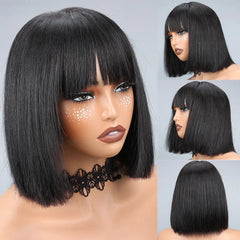 Human Hair Wigs for Women with Bangs 2x4 Lace Front Wig Straight Short Bob Wig Human Hair Natural Color 10 12 14Inch