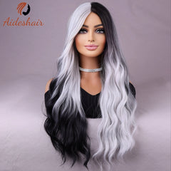 Synthetic wig european and American fake hair network celebrity women's double black and white long roll corn hot in the water