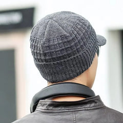 Men's Skullies Beanies with Visor for Warmth Winter Knit Earmuffs Thick Wool Lined Skull Ski Baseball Cap Winter Outdoor Riding