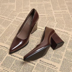 2026 New Spring Women Commuter Pumps Shoes Fashion Pointed Toe Slip On Shoes Elegant Thick Heel Work Leather Shoes