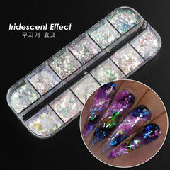 12 Grids Iridescent Nail Aurora Glitter Crystal Fire Flakes Holographic Sparkle Sequins Charms Gel Polish Manicure Flash