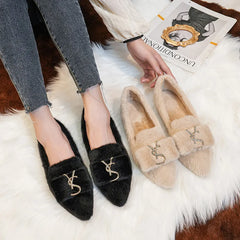 Flats Shoes for Women 2024 New Autumn Pointed Flat Mink Fur Winter Shoes Velvet Women's Loafers Ladies Shoes Plus Size 41 42 43
