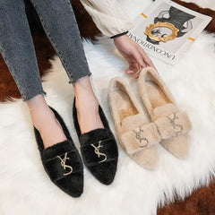 Flats Shoes for Women 2024 New Autumn Pointed Flat Mink Fur Winter Shoes Velvet Women's Loafers Ladies Shoes Plus Size 41 42 43