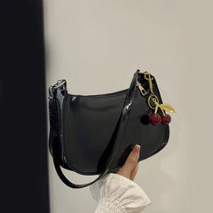 Women's PU Leather Handbag Versatile Fashion Solid Color Cherry Pendant Shoulder Bag Casual Commuting Bag Girl Underarm Bag