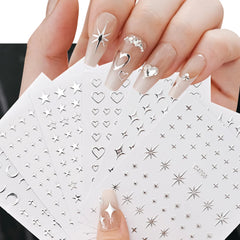 6 Sheets Metal Silver Nail Stickers Metallic 3D Star Nail Art Stickers Decals Self-Adhesive Nail Art Stickers Metal Chain Heart