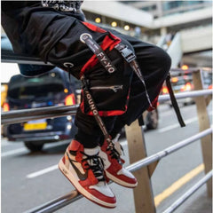 Men's Cargo Pants Casual Hip Hop Hit Color Multiple Pockets Trousers Streetwear Ribbons Techwear Sweatpants