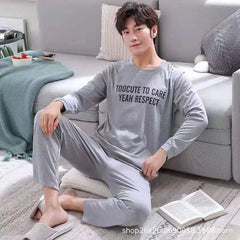 2 Sets of Men Pajamas Set of Long-Sleeved Long Trousers Students Sleepwear Homewear Cartoon O-Neck Striped Nightwear Loungewear