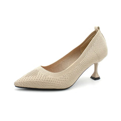 summer high heel pumps for women in beige with pointed toe and thin heel, perfect for weddings and parties.