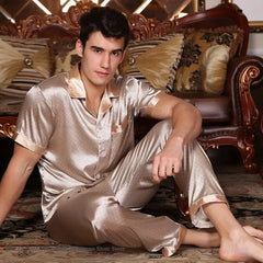 New Male Pajamas Set Homewear Print Short Sleeve Trouser Suits Pijamas Silky Satin Men Sleepwear Lounge Wear Loose Pyjama