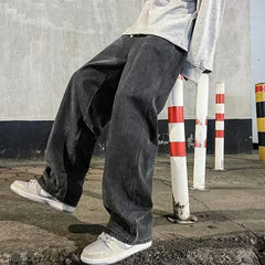 Autumn and winter men's rugged and high-end pants vintage wide leg pants design smoke gray retro jeans American high street men