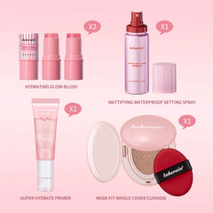 Pink Makeup Set Primer Setting Spray Include Air Cushion Foundation Base MakeupLipstick 5pcs/set Blush Hold Cosmetics Kit