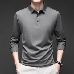 New Men's Business Casual Long Sleeved Shirt with Badge Solid Color Polo Shirt Fashionable Breathable Comfortable Versatile Top