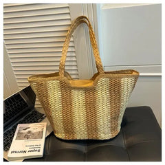 Straw Woven Tote Bag with Two Tone Braided Handles