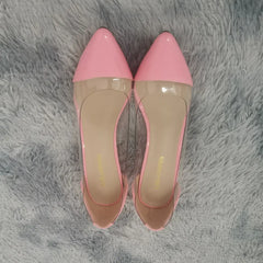 Women transparent low heel pumps in pink with pointed toe design, perfect for parties and weddings.