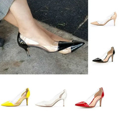Women transparent low heel pumps showcased in multiple colors with a pointed toe and slip-on design.