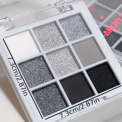 9 Colors Eyeshadow Palette, Dark Black Grey Silvery Color Shimmer Matte Glitter Finish Smokey Style