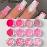 12 Colors Pink Shiny Sugar Nail Glitter Powder Fine Iridescent Flakes Holographic Chrome Nail Pigment Dust Elegant Wedding