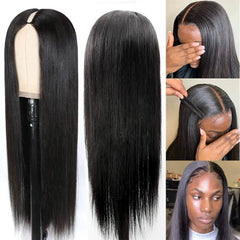 V Part Wigs Human Hair 100% Straight Human Hair Wigs No Leave Out Machine Made 250 Density Natural Black Beginner Friendly