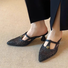 French Premium High Heels Women Slippers Flower Elegant Mules Shoes Heeled Sandals 2025 Summer Slides Dress Pumps Woman Shoes