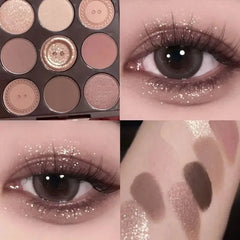 9-Color Eyeshadow Palette Earth Tones Brown Shimmer Matte Finishes Long-Lasting Pearl Dust for Daily Korean Makeup Look