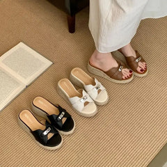 Brown Heeled Sandals Woman Wedge Platform Slippers Summer Straw Fabric Beach Shoes Metal Black High Heels Sandals For Ladies