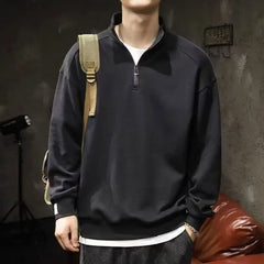 Men's Solid Color Polo Shirt Stand Collar Half Zip T-shirt Long Sleeve Hoodies Casual Sweatshirt
