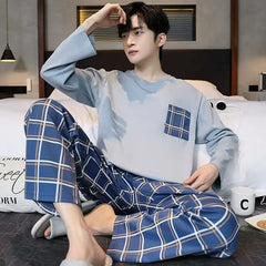 Men‘s Pajama Set Long Sleeve Black Striped Fall and Winter Youth Student Nightwear Loungewear Two Piece Set Sleepwear Homewear