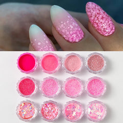 12 Colors Pink Shiny Sugar Nail Glitter Powder Fine Iridescent Flakes Holographic Chrome Nail Pigment Dust Elegant Wedding