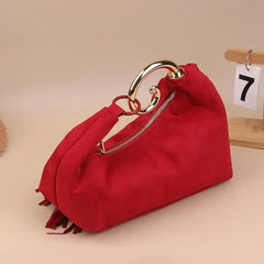 Trendy Vintage Evening Bags for Women, French Luxury Faux Suede Tassel Handbags with Durable Metal Handle