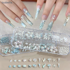 💕12 Grids/Box 3D Starfish And Shell Nail Art Decorations, Aurora Seashell And Palm Tree DIY Nail Rhinestone Accessories