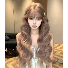 Synthetic Hair Wig Cameo Brown Color Wavy Style With Bangs Wig For Women Asian Ladies Daily Use Cosplay Natural And Realistic