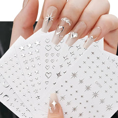6 Sheets Metal Silver Nail Stickers Metallic 3D Star Nail Art Stickers Decals Self-Adhesive Nail Art Stickers Metal Chain Heart