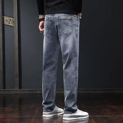New Men Fashion Loose Straight Elasticity Jeans Male Wear-resistant Slim Fit Denim Pants Smart Casual Dark Gray Trousers