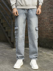 Men's Jeans Retro Blue Cargo Pants Multi-Pocket Work Wear Denim Trousers Casual Regular-Fit Trendy Men Clothes Free Shipping